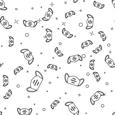 Siyah çizgi tıbbi koruyucu maske ikonu beyaz arka planda izole edilmiş kusursuz desen. Vektör..