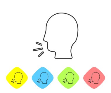 Gri çizgili öksürük ikonu beyaz arka planda izole edildi. Viral enfeksiyon, grip, grip, soğuk algınlığı semptomları. Tüberküloz, kabakulak, boğmaca. Renkli eşkenar dörtgen düğmelerine simgeleri yerleştir. Vektör...