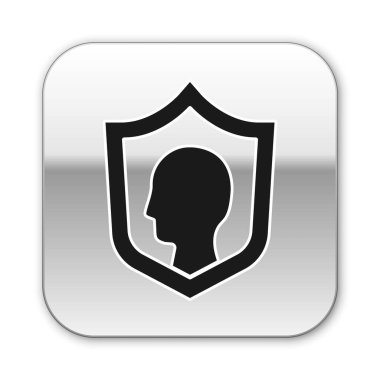 Siyah Hayat Sigortası beyaz arka planda izole edilmiş bir kalkan ikonu. Güvenlik, güvenlik, koruma, konsept koruma. Gümüş kare düğme. Vektör..