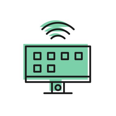 Siyah çizgi Akıllı TV sistem simgesi beyaz arkaplanda izole edildi. Televizyon tabelası. İnternet kavramının kablosuz bağlantısı. Vektör.