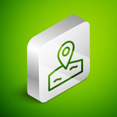 Isometric halat konum balıkçılık ikonu yeşil arka planda izole. Balıkçılık yeri. Gümüş kare düğme. Vektör.