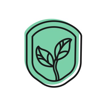 Beyaz arkaplanda yaprak simgesi olan siyah çizgi kalkanı. Yapraklı çevre dostu güvenlik kalkanı. Vektör.