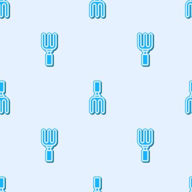 Mavi çizgi çizgisi tırmık ikonu gri arka planda izole edilmiş pürüzsüz desen. Bahçecilik, tarım, çiftçilik aleti. Toprak işçisi. Vektör.