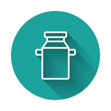 Süt ikonu için uzun gölgeli beyaz çizgi konteynır. Yeşil daire düğmesi. Vektör.