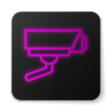 Parlayan neon hattı güvenlik kamerası simgesi beyaz arkaplanda izole edildi. Siyah kare düğme. Vektör.