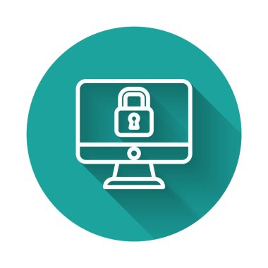 Bilgisayar ekranındaki beyaz çizgi kilidi uzun gölgeyle izole edilmiş ekran simgesi. Güvenlik, güvenlik, koruma kavramı. Güvenli bir ağ. Yeşil daire düğmesi. Vektör.