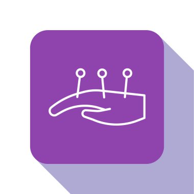 El ikonundaki beyaz çizgi akupunktur terapisi beyaz arka planda izole edilmiş. Çin ilacı. Holistik ağrı kontrol tedavileri. Mor kare düğme. Vektör.