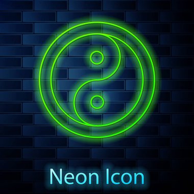 Parlak neon hattı Yin Yang ahenk sembolü ve denge simgesi tuğla duvar arka planında izole edilmiş. Vektör.