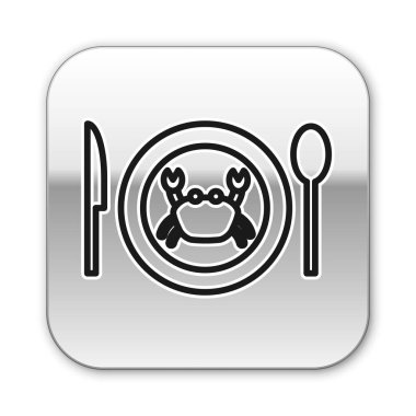 Beyaz arka planda izole edilmiş bir tabak ikonu üzerinde siyah çizgi servis edilmiş yengeç. Gümüş kare düğme. Vektör..