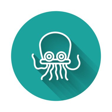 Beyaz çizgi Ahtapot simgesi uzun gölgeli izole edilmiş. Yeşil daire düğmesi. Vektör..