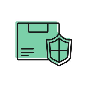 Beyaz zemin üzerinde kalkan simgesi olan siyah çizgi teslimat güvenliği. Teslimat sigortası. Kalkanın ötesinde sigorta kutuları var. Vektör..