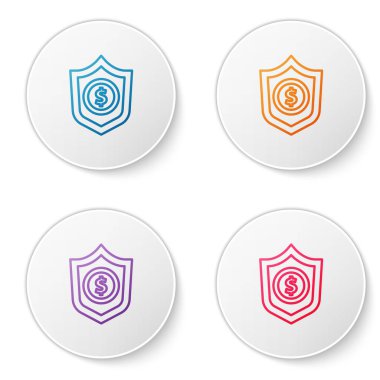 Beyaz arkaplanda dolar sembolü olan renk çizgisi kalkanı. Güvenlik kalkanı koruması. Para güvenliği konsepti. Simgeleri daire düğmelerine ayır. Vektör..