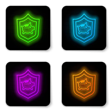 Parlayan neon hattı, beyaz arka planda izole edilmiş kalkan ikonu olan Piggy Bank. Para biriktirmek ya da biriktirmek, yatırım. Sigorta konsepti. Siyah kare düğme. Vektör..