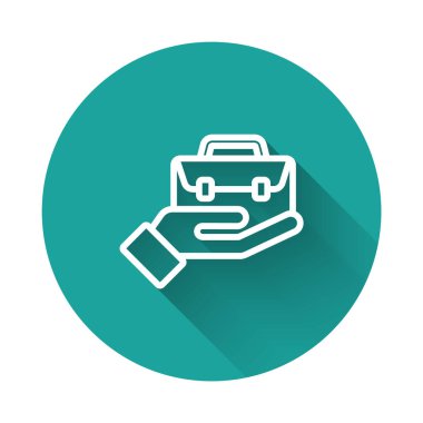 Beyaz Çizgili El evrak çantası ikonu uzun gölgeli. Sigorta konsepti. Güvenlik, güvenlik, koruma, konsept koruma. Yeşil daire düğmesi. Vektör..