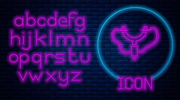 Gloeiende Neon Slingshot Icoon Geïsoleerd Bakstenen Muur Achtergrond Neon Licht — Stockvector