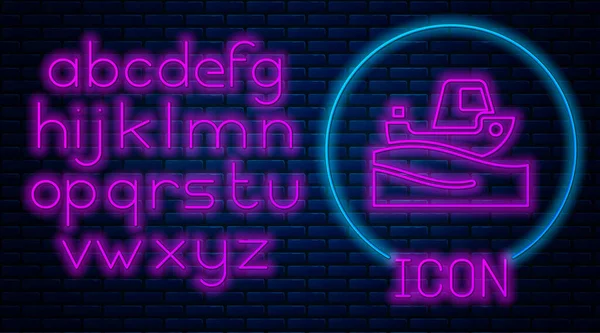 Ragyogó Neon Halászhajó Víz Ikon Elszigetelt Téglafal Háttér Neonfény Ábécé — Stock Vector