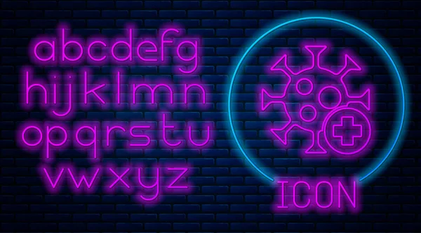 Glowing Neon Positive Virus Icon Isolated Brick Wall Background Virus - Stok Vektor