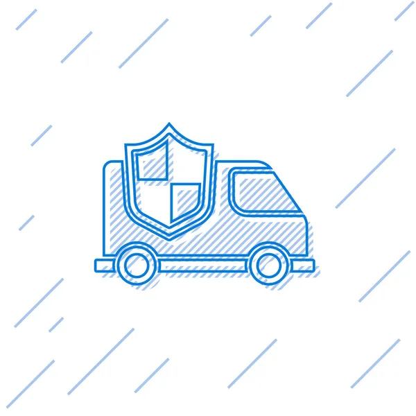 蓝线汽车与盾牌图标隔离在白色背景 保险概念 保护概念 — 图库矢量图片