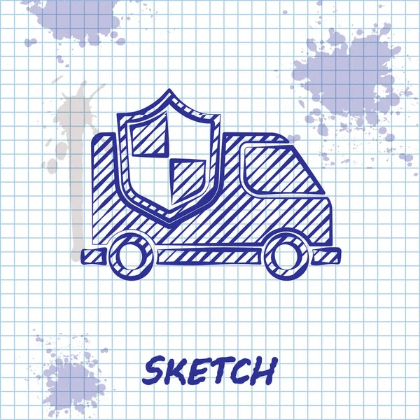 Sketch Line Auto Con Icona Scudo Isolato Sfondo Bianco Concetto — Vettoriale Stock