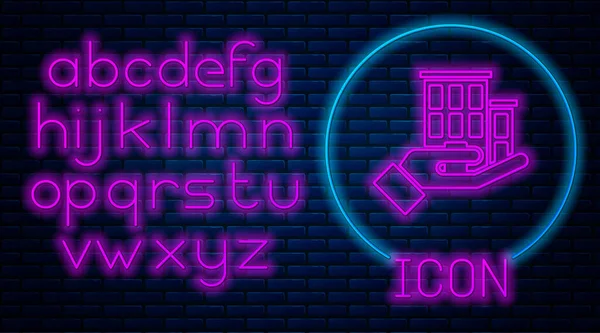 Glödande Neon House Försäkringsikon Isolerad Tegel Vägg Bakgrund Säkerhet Skydd — Stock vektor