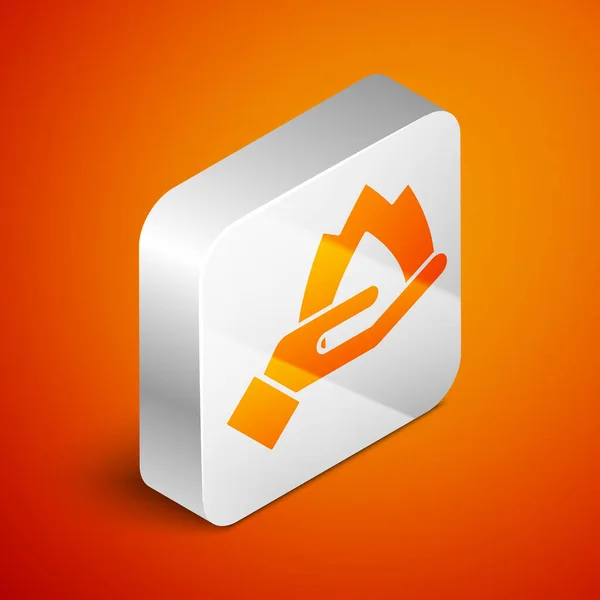 Isometric Hand holding a fire icon isolated on orange background. Insurance concept. Security, safety, protection, protect concept. Silver square button. Vector..