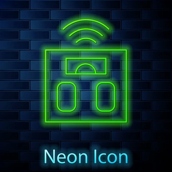 Leuchtende Neon Linie Smart Badezimmerwaagen Symbol Isoliert Auf Backsteinwand Hintergrund — Stockvektor