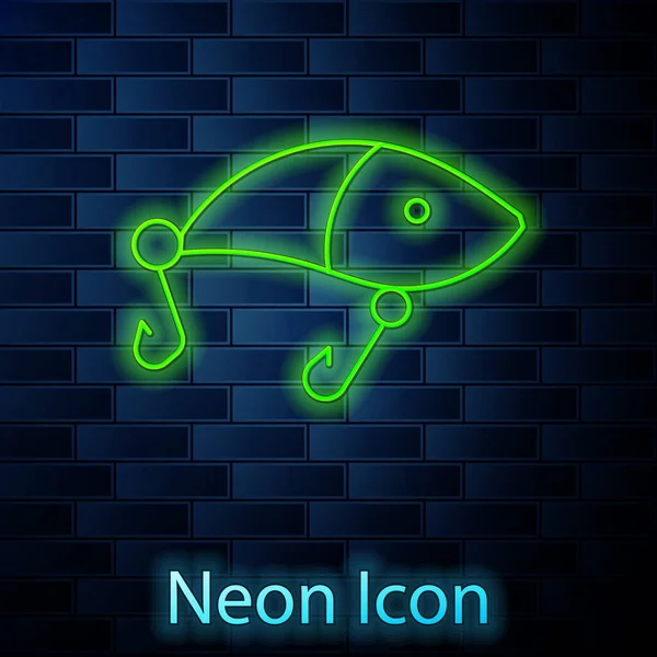Parlayan Neon Hattı Tuğla Duvar Arkasında Balık Yemi Simgesi Izole — Stok Vektör