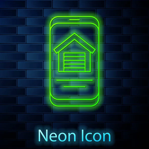 Zářící Neon Line Online Realitní Dům Smartphone Ikonu Izolované Cihlové — Stockový vektor