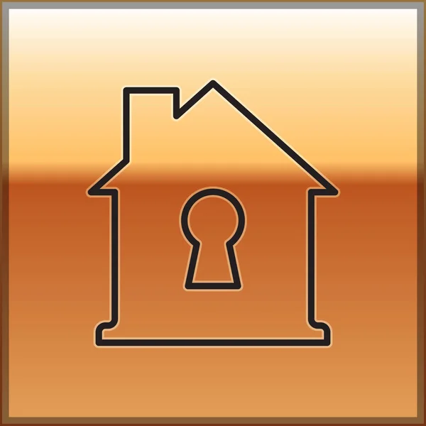 黑线房子下的保护图标隔离在黄金背景 家和盾牌 防御概念 — 图库矢量图片