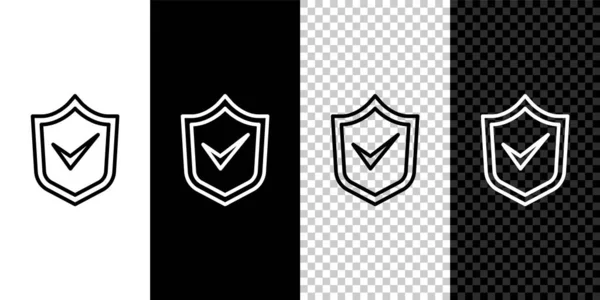 Set Line Shield Check Mark Icon Isolated Black White Background — Stock Vector