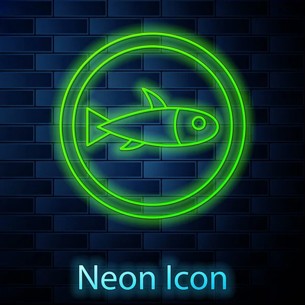 Brillante Línea Neón Servido Pescado Icono Placa Aislado Fondo Pared — Vector de stock