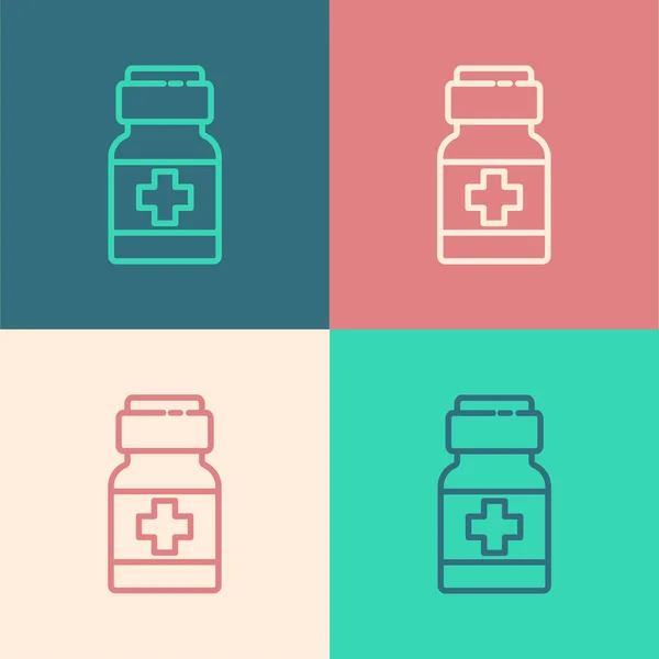 Pop Art Línea Medicina Botella Pastillas Icono Aislado Fondo Color — Vector de stock