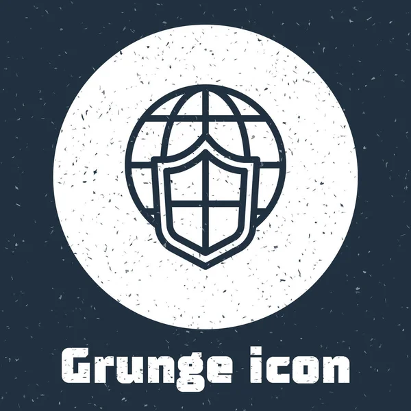 Grunge Line Shield Met Wereldbol Pictogram Geïsoleerd Grijze Achtergrond Verzekeringsconcept — Stockvector