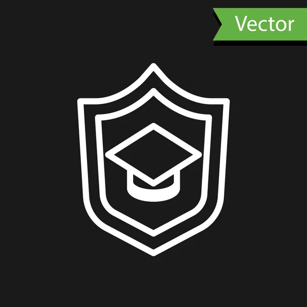 Linha Branca Capa Graduação Com Ícone Escudo Isolado Fundo Preto — Vetor de Stock