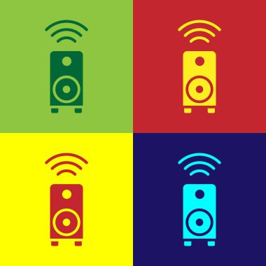 Pop Art Smart stereo hoparlör sistemi simgesi renk arkaplanında izole edildi. Ses sistemi hoparlörleri. İnternet kavramının kablosuz bağlantısı. Vektör.