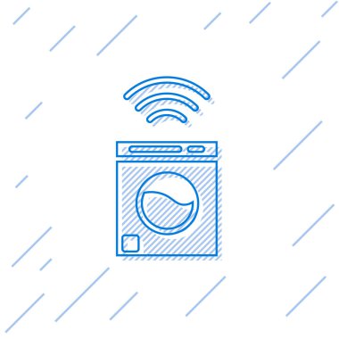 Mavi çizgi Akıllı yıkama sistemi simgesi beyaz arkaplanda izole edildi. Çamaşır makinesi simgesi. İnternet kavramının kablosuz bağlantısı. Vektör.