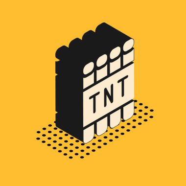 Isome dinamit bomba çubuğu ve zamanlayıcı ikonu sarı arka planda izole edildi. Saatli bomba - patlama tehlikesi kavramı. Vektör.