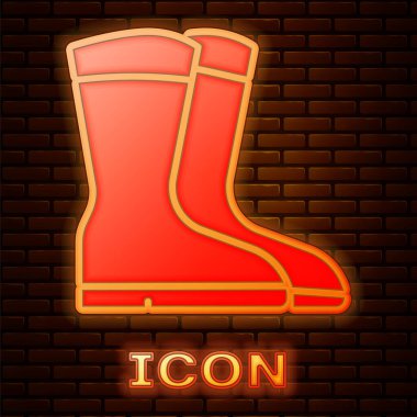 Parlayan neon balıkçı botları simgesi tuğla duvar arkasında izole edilmiş. Su geçirmez lastik bot. Yağmurlu hava, balıkçılık, avcılık, bahçe işleri için çizme. Vektör.