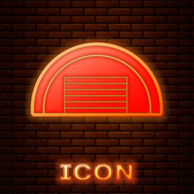 Parlayan neon garajı simgesi tuğla duvar arka planında izole edilmiş. Vektör.