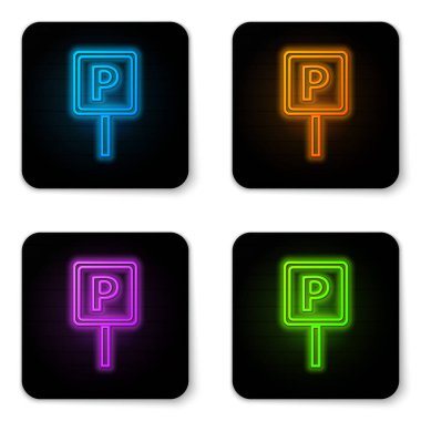 Parlayan neon park simgesi beyaz arkaplanda izole edildi. Sokak tabelası. Siyah kare düğme. Vektör.