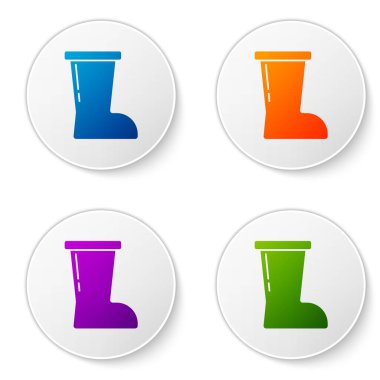 Beyaz arkaplanda izole edilmiş renkli su geçirmez lastik bot simgesi. Yağmurlu hava, balıkçılık, bahçe işleri için çizme. Simgeleri daire düğmelerine ayır. Vektör.