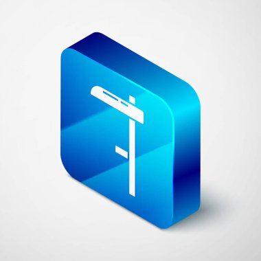 Isometric Scythe simgesi gri arkaplanda izole edildi. Mavi kare düğme. Vektör.