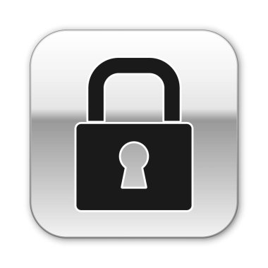 Siyah Kilit simgesi beyaz arkaplanda izole edildi. Asma kilit işareti. Güvenlik, güvenlik, koruma, gizlilik kavramı. Gümüş kare düğme. Vektör.