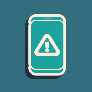 Yeşil arka planda ünlem işareti simgesi olan yeşil cep telefonu. Uyarı mesajı akıllı telefon uyarısı. Uzun gölge tarzı. Vektör.