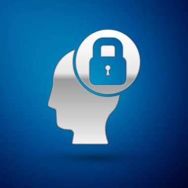 Mavi arka planda kilit simgesi olan gümüş insan kafası. Vektör.