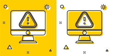 Sarı ve beyaz zemin üzerinde ünlem işareti simgesi olan siyah bilgisayar monitörü. Uyarı mesajı akıllı telefon uyarısı. Rastgele dinamik şekiller. Vektör.