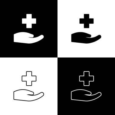 Cross Hastanesi tıbbi ikonunu siyah beyaz arka planda izole et. İlk yardım. Teşhis sembolü. İlaç ve eczane işareti. Vektör.