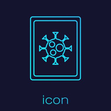 Mavi arkaplanda izole edilmiş monitör simgesi üzerindeki turkuaz hat virüsü istatistikleri. Corona virüsü 2019-nCoV. Bakteri ve mikroplar, hücre kanseri, mikrop, mantar. Vektör..