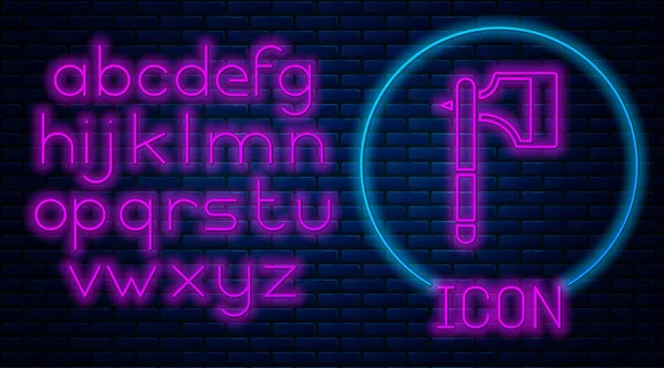 Gloeiende Neon Houten Bijl Pictogram Geïsoleerd Bakstenen Muur Achtergrond Een — Stockvector