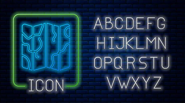 Icono Mapa Plegado Neón Brillante Aislado Fondo Pared Ladrillo Alfabeto — Archivo Imágenes Vectoriales
